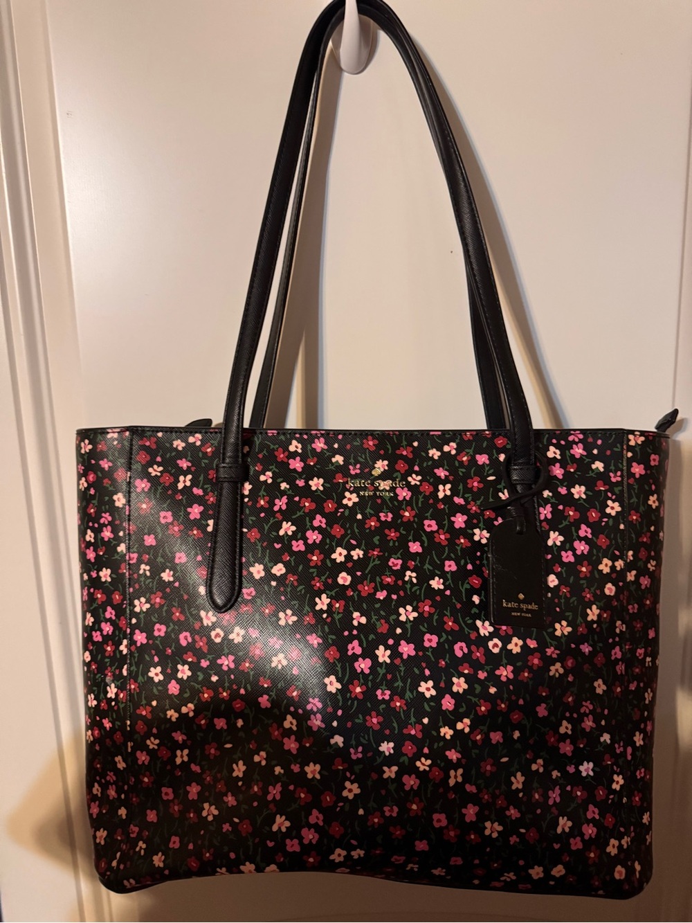 kate spade Black Floral Print Tote with Pink and Cream Accents